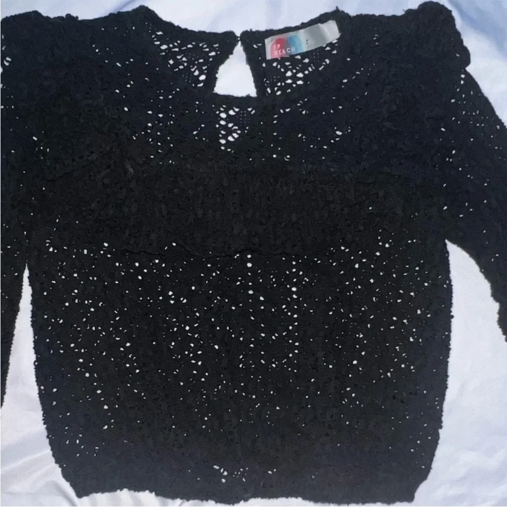 Free People FP Beach Feel The Love Black Crochet Long Sleeve Ruffle Top Small
